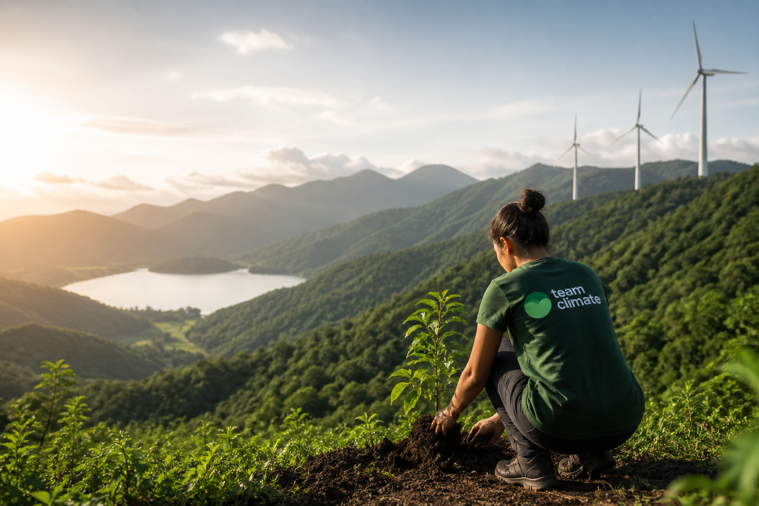 Reforestation with wind turbines and mountains at sunrise