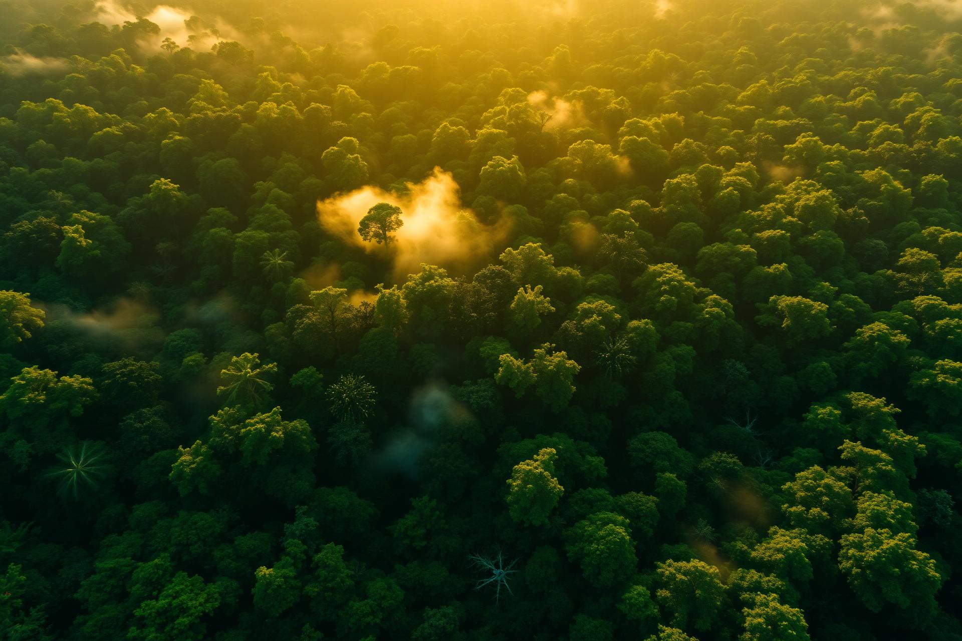 Aerial view of a lush rainforest at golden hour